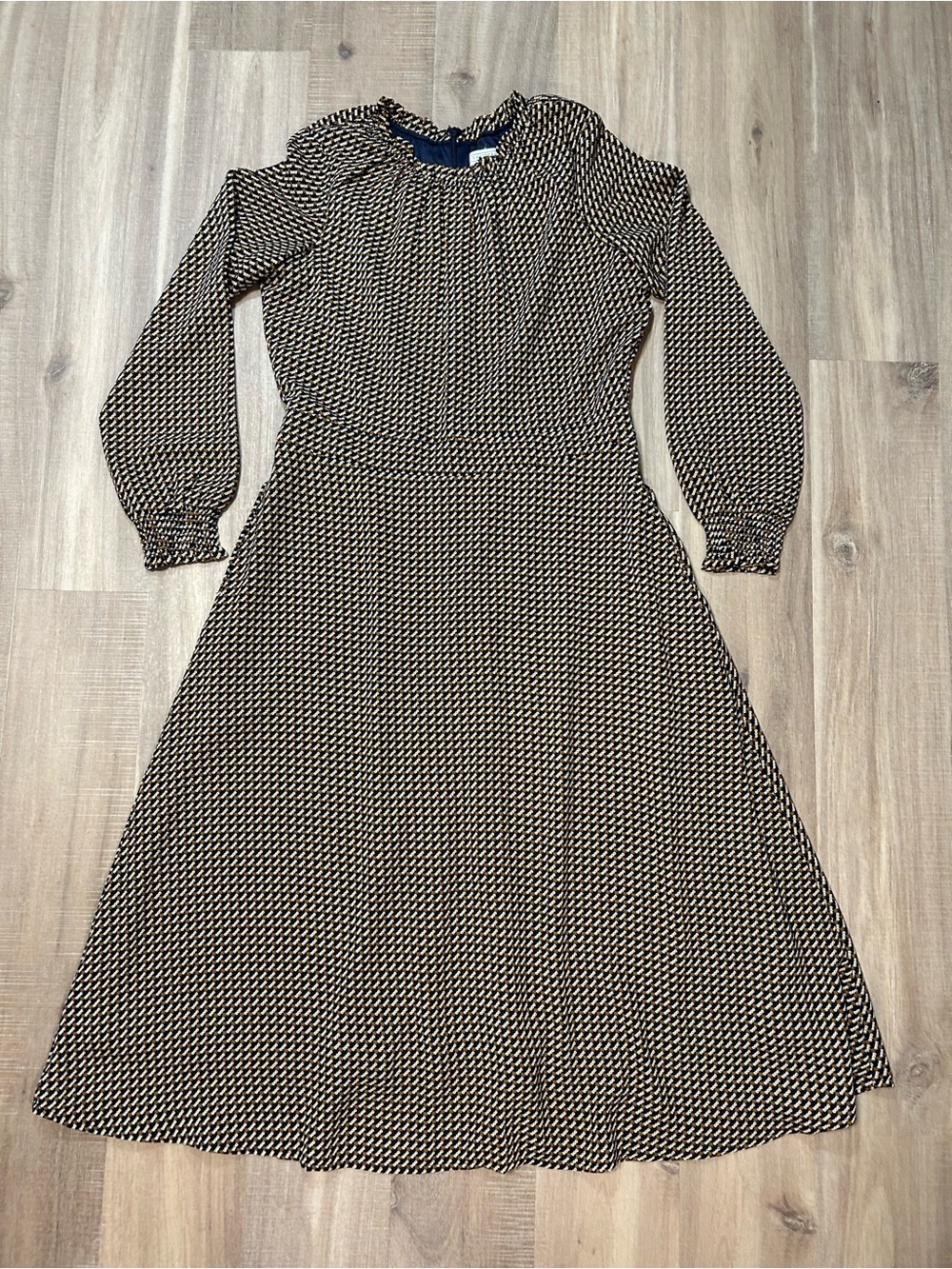 Long-Sleeve Dark Blue/ Tan/ White Printed Dress